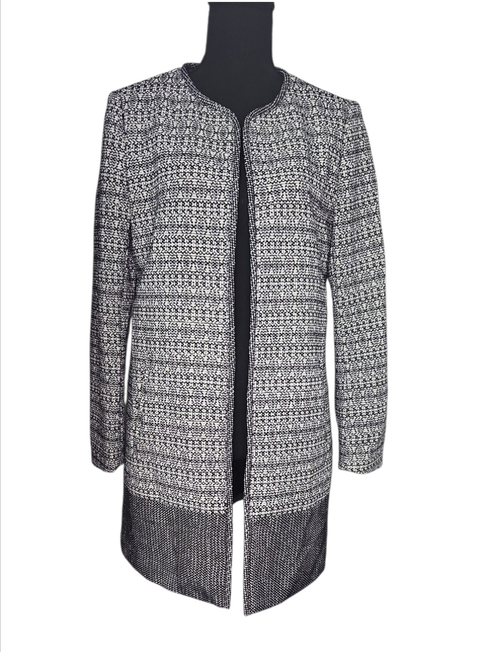 H&M Women's Black and White Long Open-Front Coat Size 10 Work Casual Formal
